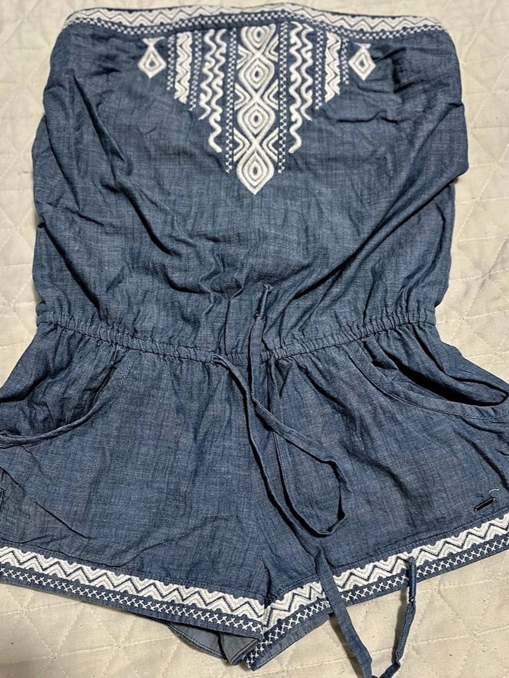 Hollister Embroidered Strapless Chambray Romper Blue Small